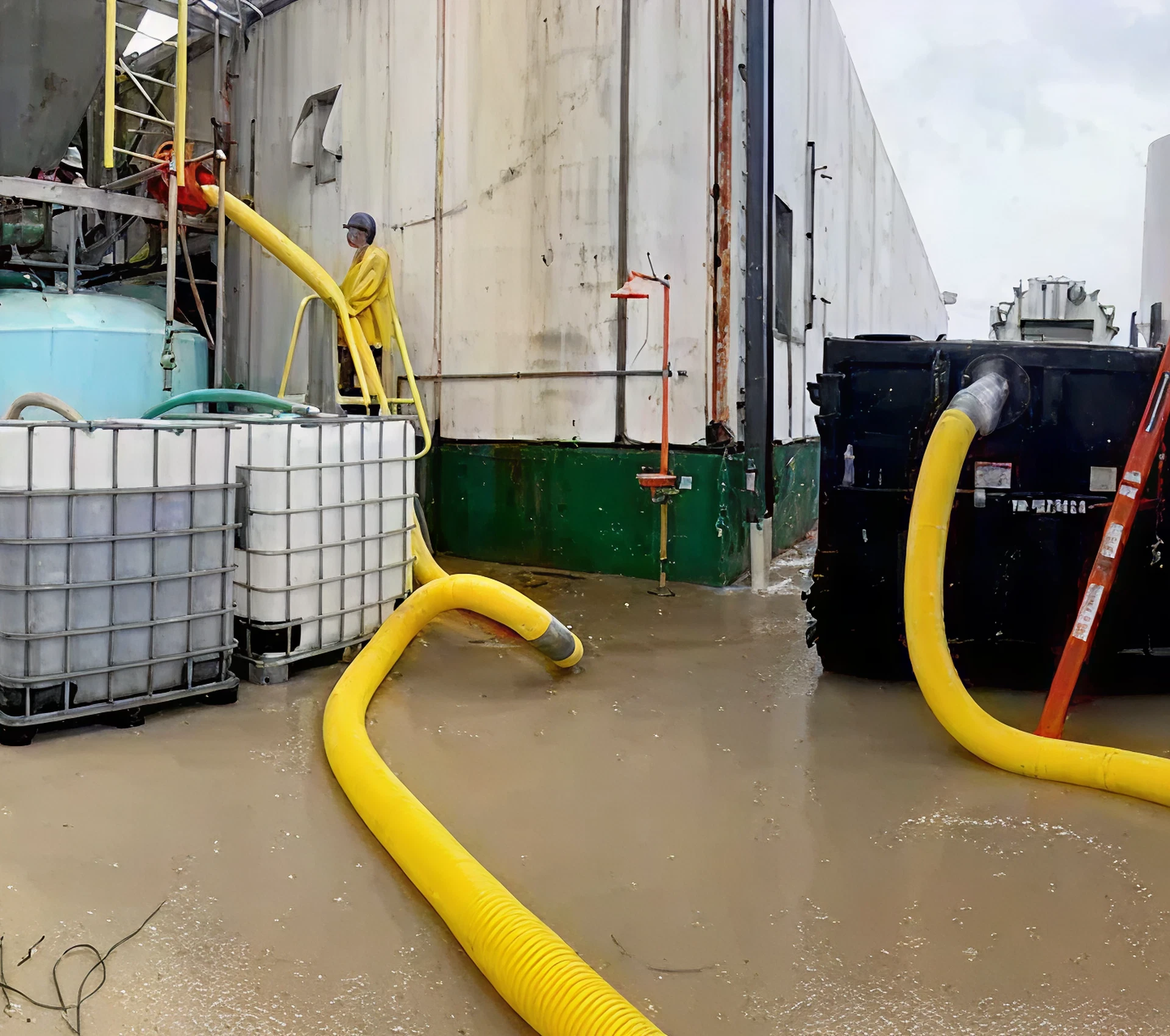 Worker managing flood water removal equipment